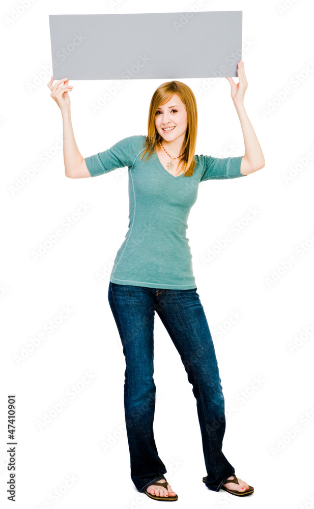 Smiling woman showing placard Smiling woman showing placard