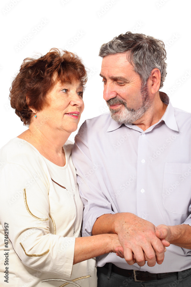 Fototapeta premium Senior couple hold for hands, hug, isolated, half body