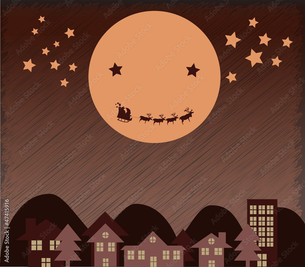 Christmas Background Santa Claus flying upper city beside Moon