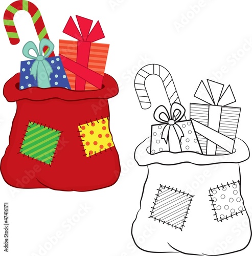 Bag with gifts. Coloring book.