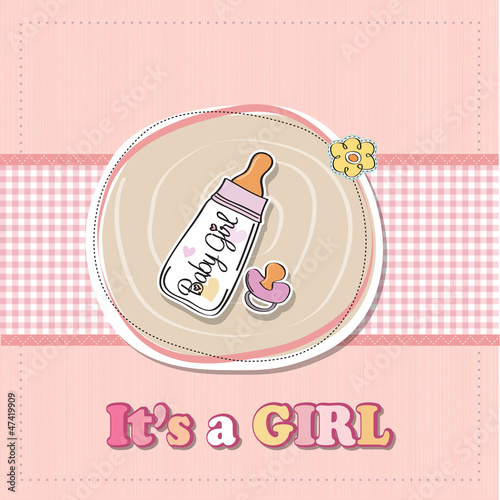 new baby girl announcement card with milk bottle and pacifier