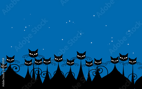 Crowd of black cats in the night, seamless pattern 