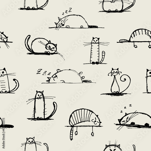 Funny cats sketch, seamless pattern for your design