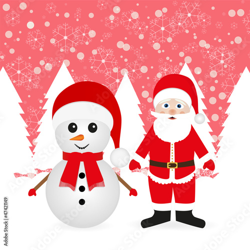 Snowman and Santa Claus in the woods on a background of red sky