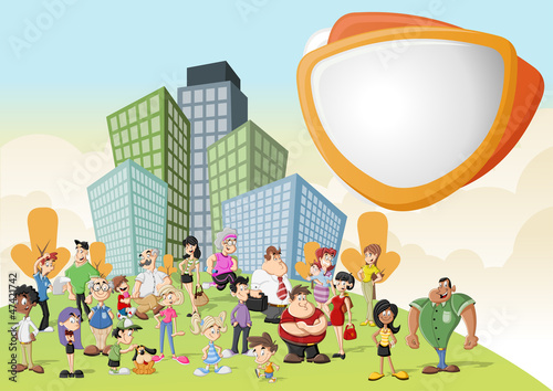 Group of cute happy cartoon people on green park in the city