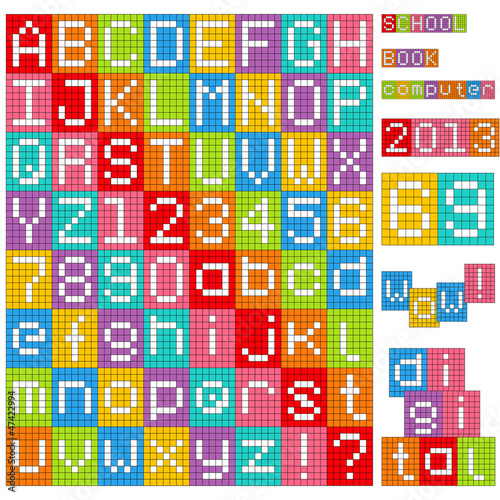 Pixel alphabet. Set of all letters and numbers.