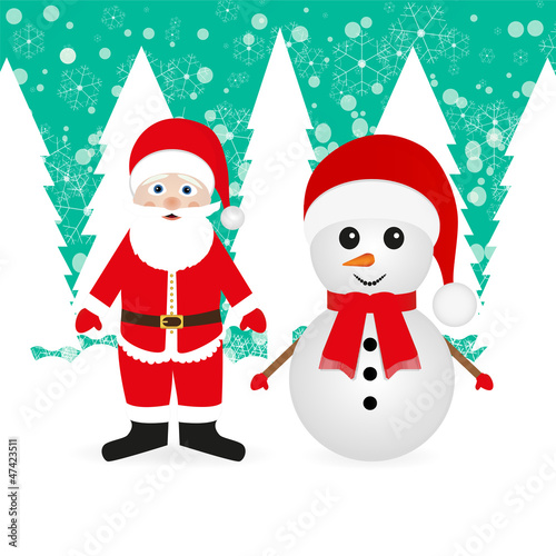 Snowman and Santa Claus in a snowy forest