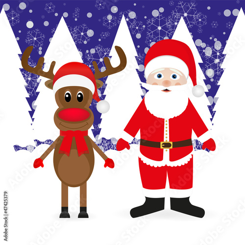 Christmas reindeer and Santa Claus in a winter forest