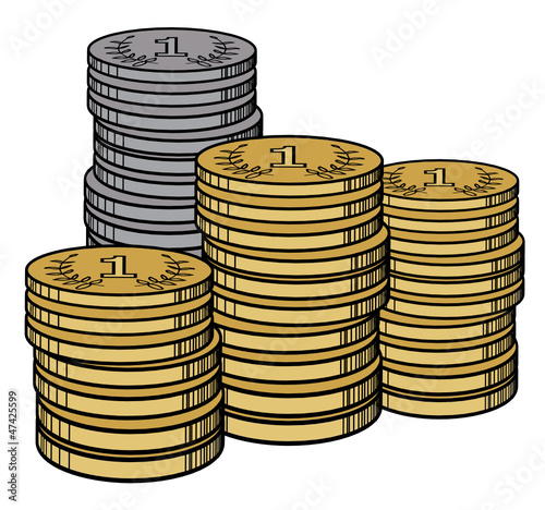 Piles of golden and silver coins, vector illustration
