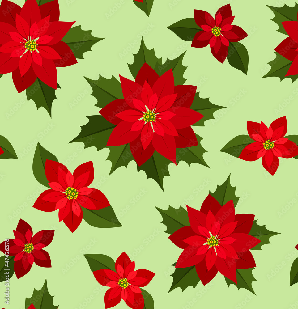 Vector seamless Christmas background with red poinsettias.