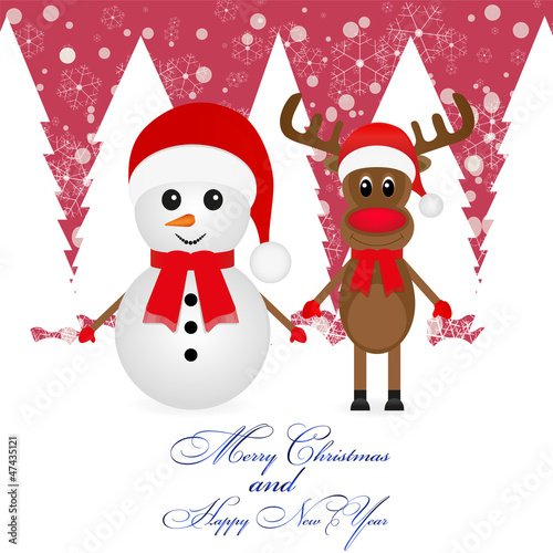 Christmas reindeer and a snowman standing in the forest