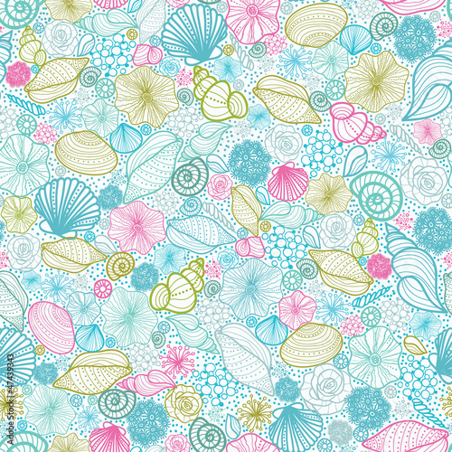 Vector seashells line art seamless pattern background with hand