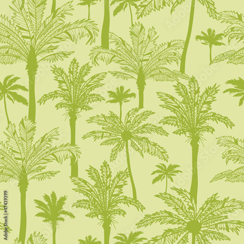 Vector green palm trees seamless pattern background with hand