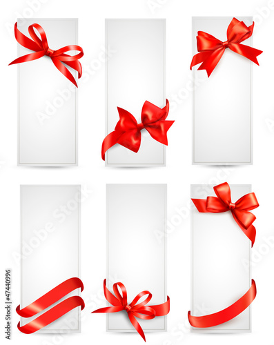Set of beautiful cards with red gift bows with ribbons Vector
