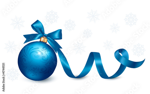 Holiday background with blue gift bow with gift ball. Vector ill