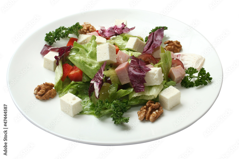 salad with cold boiled pork and cheese of feta