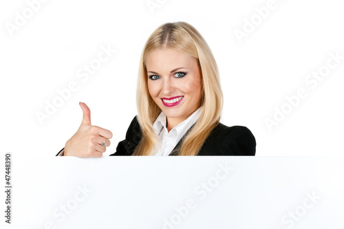 Attractive young woman behind a white panel