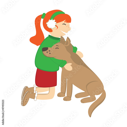 Cute girl caress the dog. Vector illustration