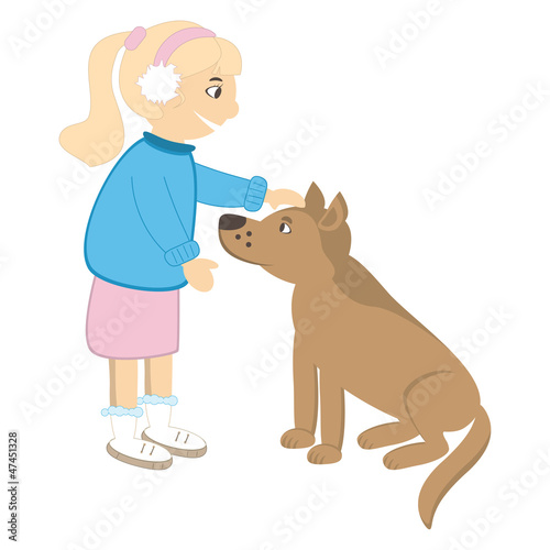 Cute girl caress the dog. Vector illustration