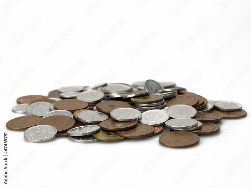 Japanese yen small coins isolated on white background Japanese yen small coins isolated on white background
