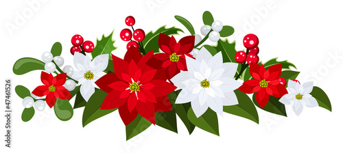 Vector Christmas bouquet with poinsettias, holly and mistletoe.