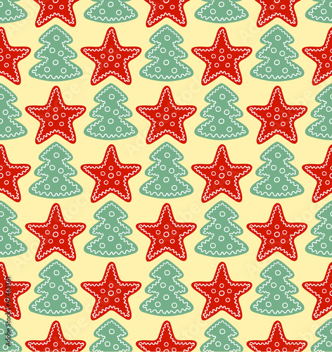 Seamless retro pattern with stars and christmas trees
