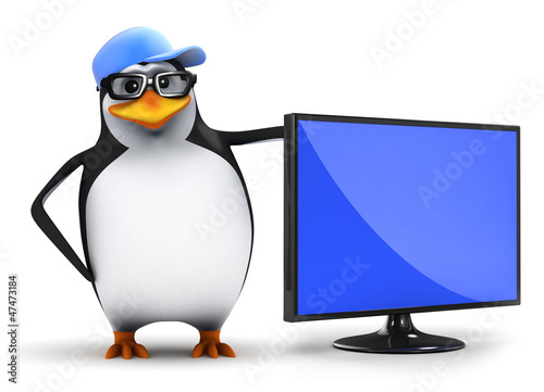 Penguin in baseball cap next to flatscreen television © Steve Young