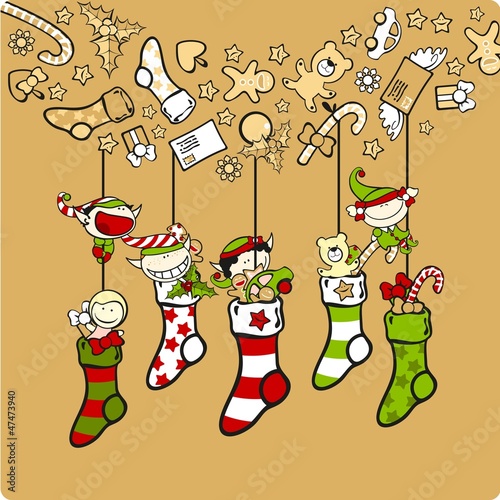 Cute elves with Christmas stockings