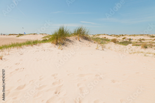 Sand dunes near the beach with blue sky. Summertime.