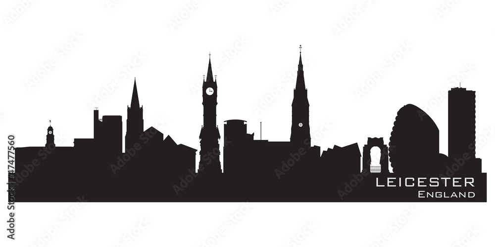 Leicester, England skyline. Detailed silhouette