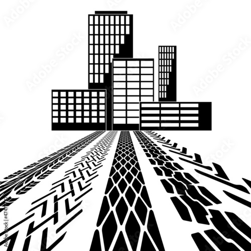 Set of detailed tire prints, leading to the building.