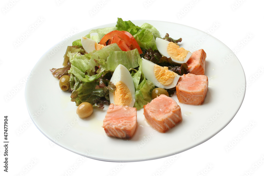 pieces of salmon with lettuce, olives,