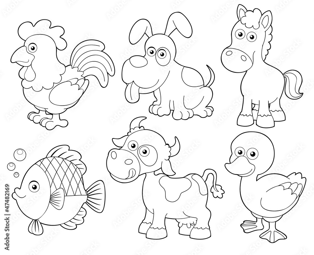 Naklejka premium illustration of farm animals cartoon.Coloring book