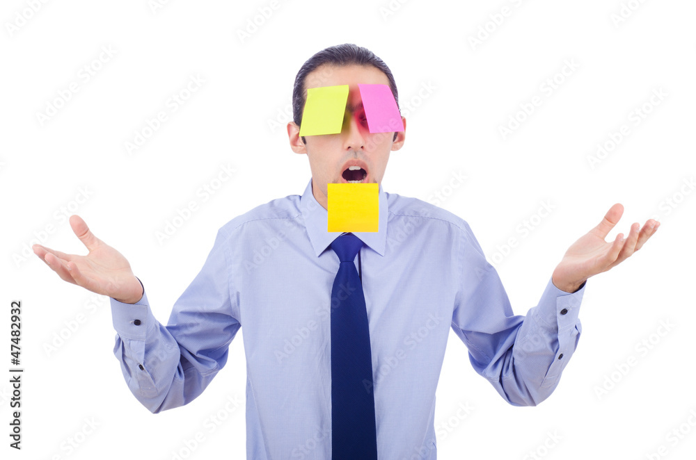 Man with lots of reminder notes Man with lots of reminder notes