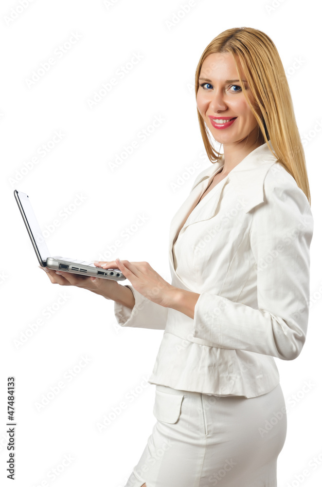Attractive businesswoman with laptop on white Attractive businesswoman with laptop on white