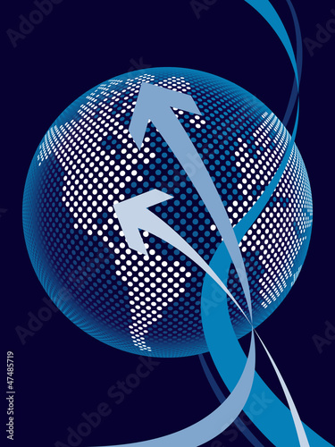 Digital world map design with swirling positive arrows.