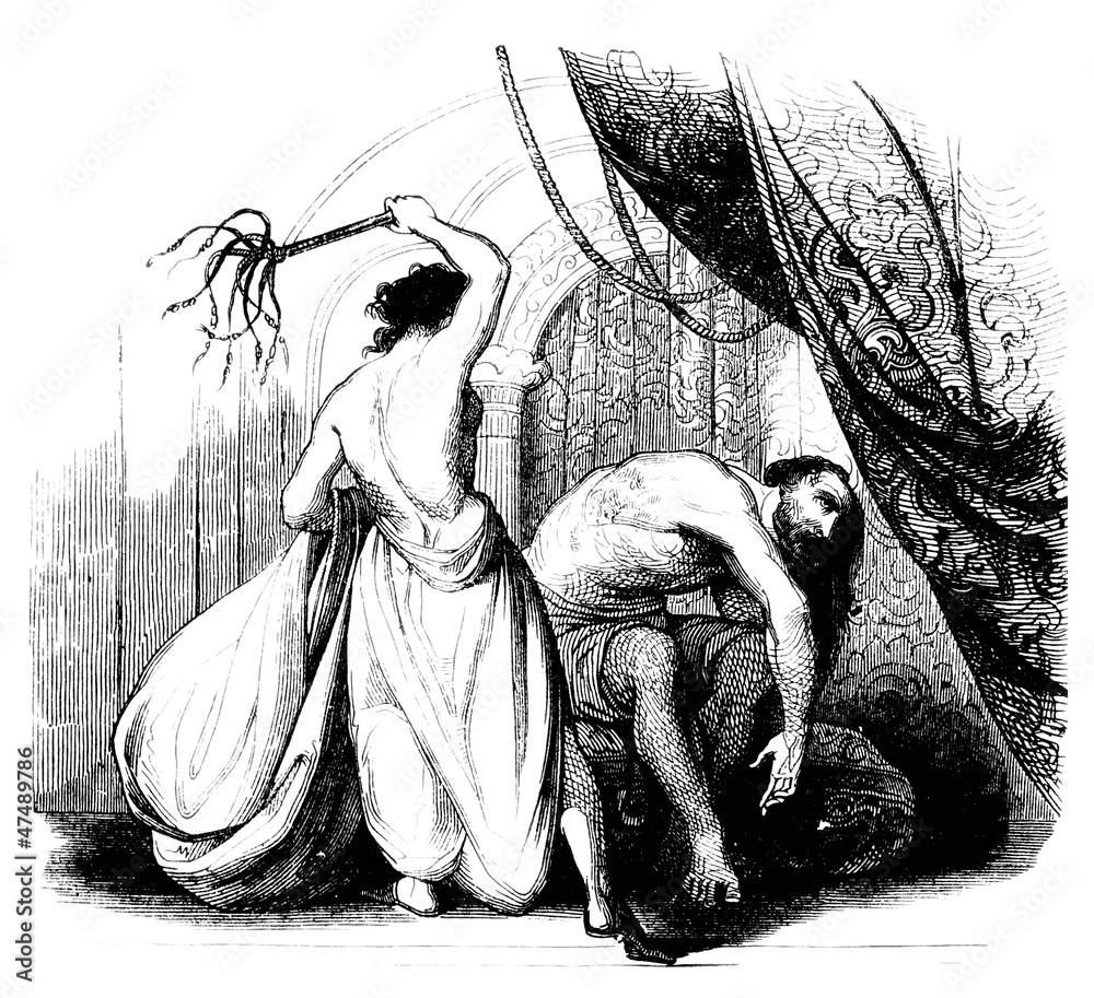 Woman whipping a Man Stock Illustration