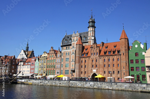 Colourful old buildings with blue sky background in Gdansk
