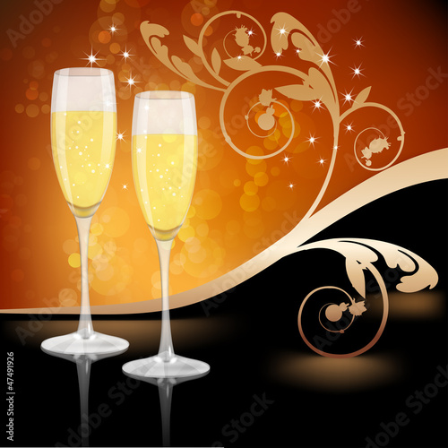 Glass of champagne with ornament leaves