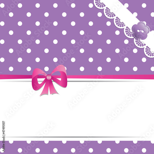 violet card or scrapbook template with a ribbon, lace and button