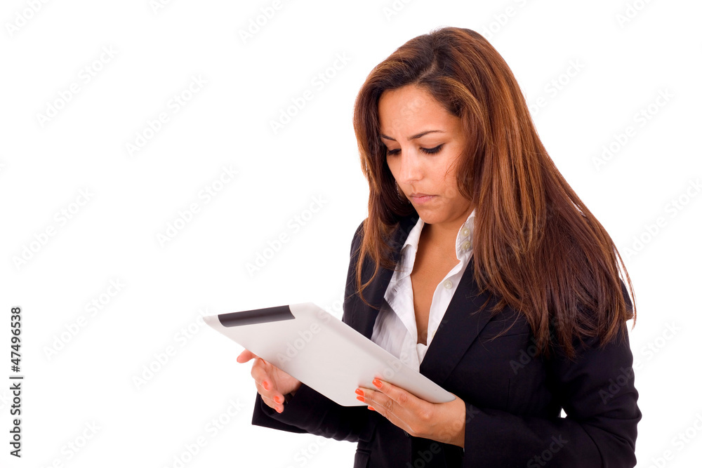 Young business woman with tablet computer. Isolated on white bac Young business woman with tablet computer. Isolated on white bac