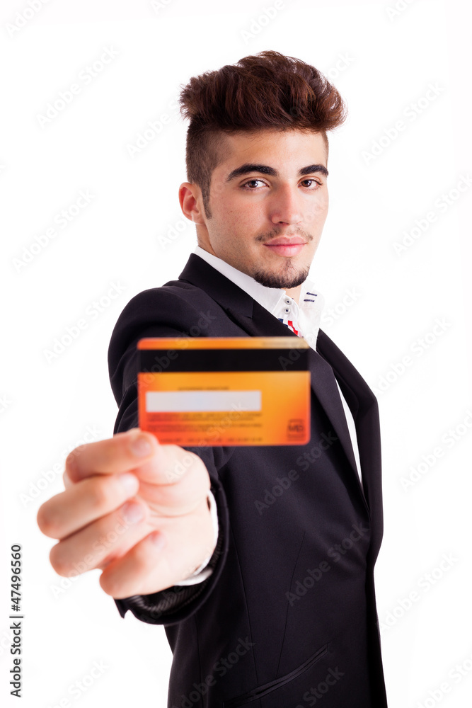 young business man holding a credit card, isolated on white young business man holding a credit card, isolated on white