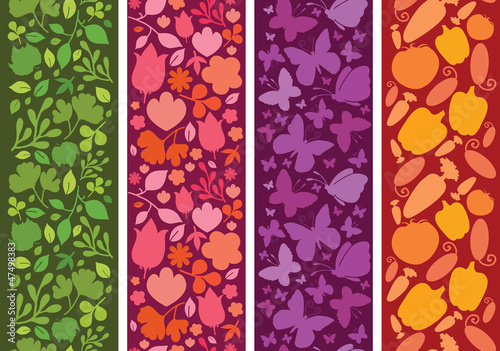 Vector set of four plants and butterflies horizontal seamless