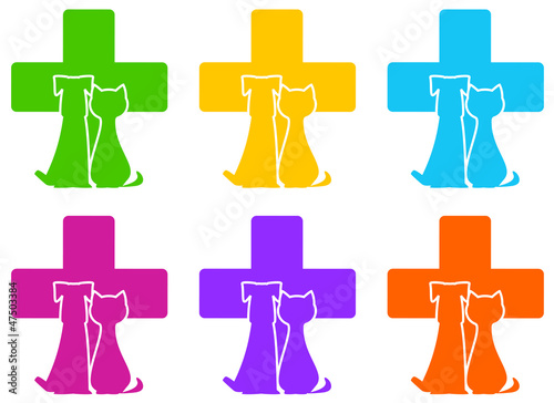 set color veterinary icon with medicine symbol and pet