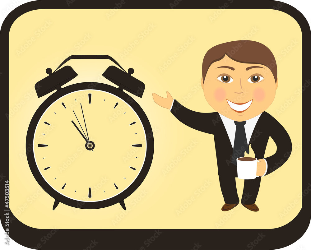 icon with cartoon man hold coffee cup and clock alarm icon with cartoon man hold coffee cup and clock alarm