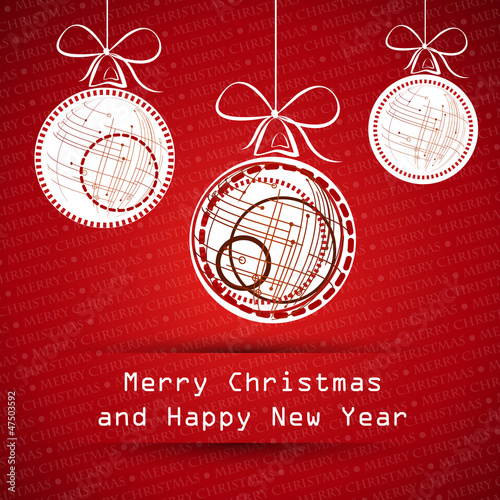 red merry christmas card with white balls with technical balls