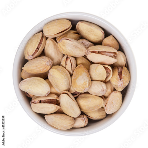pistachios in small bowl shot from above