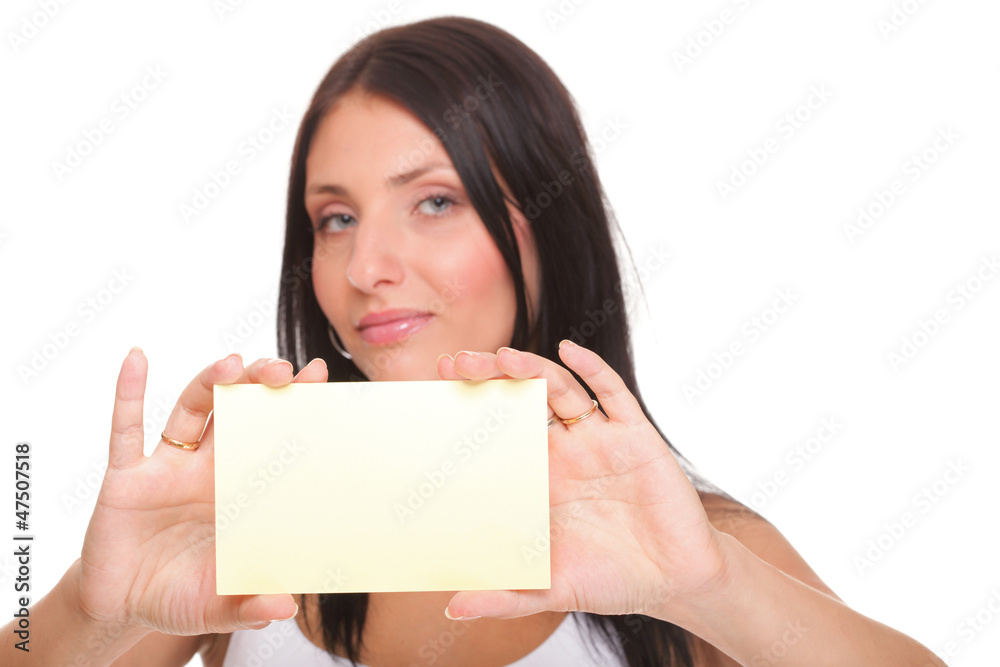 Gift card. Excited woman showing empty blank paper card sign Gift card. Excited woman showing empty blank paper card sign