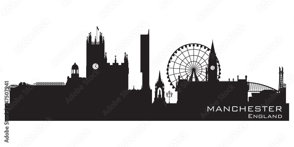 Manchester, England skyline. Detailed silhouette