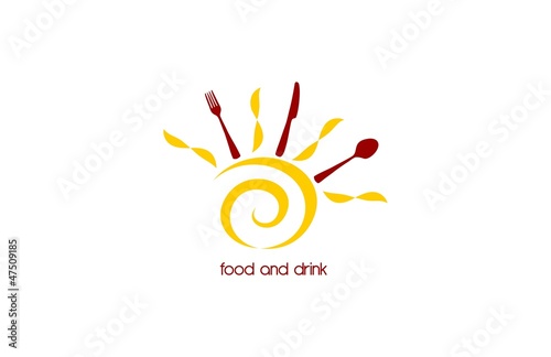 Food and drink logo with stylized sun and cutlery table